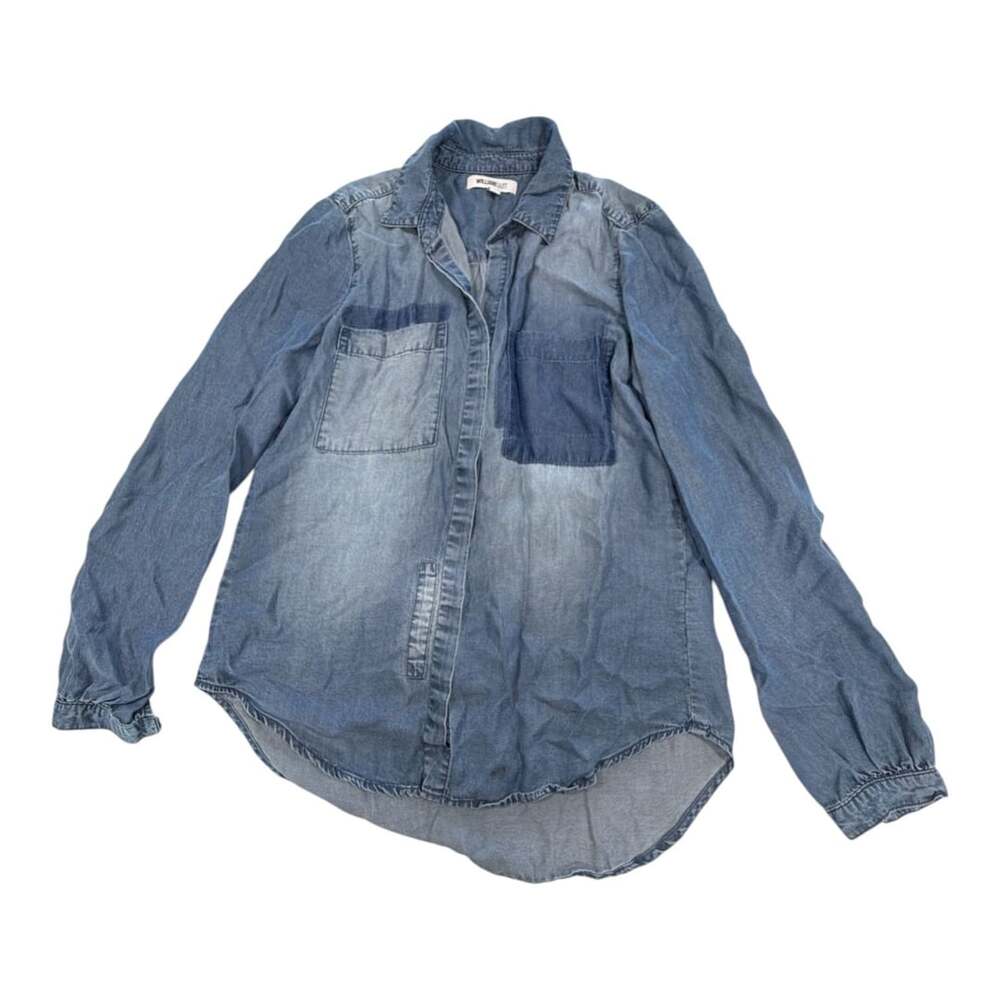 William Rast Patchwork Chambray Denim Button Down Shirt Blue Size Small call out